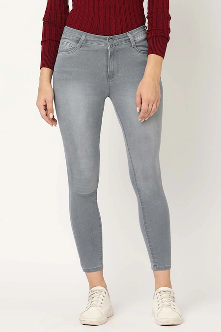 Light Grey Solid Ankle Length High Rise Casual Women Skinny Fit Jeans